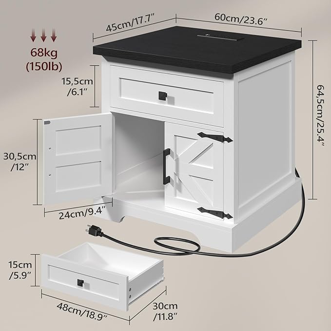 Farmhouse End Table with Charging Station, 23.6" Large End Tables Living Room, Sofa Side Table with Barn Door, Wooden Rectangular Nightstand Bedside Table with Drawer, Black ETBB157E01