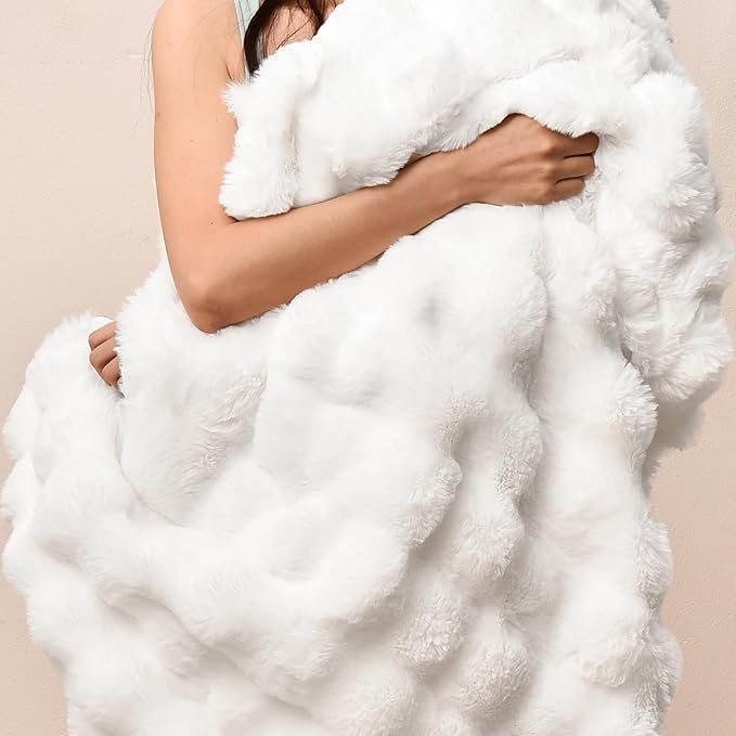 PHF Luxury Faux Rabbit Fur Blanket Twin Size, Ultra Soft Fluffy Plush Cozy Warm Bubble Blanket for Bed, Couch, Chair, Sofa Decorative, Thick Reversible Suitable for Fall & Winter, 60" x 80", White