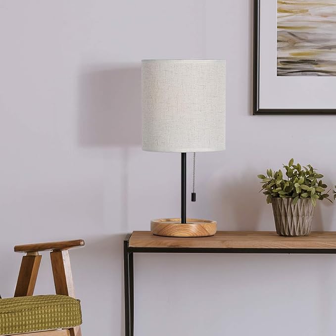 CADUKE Modern Table Lamp, Nightstand Desk Lamp, Bedside Lamp with Wood Base and Linen Shade for Living Room, Bedroom, Office, College Dorm