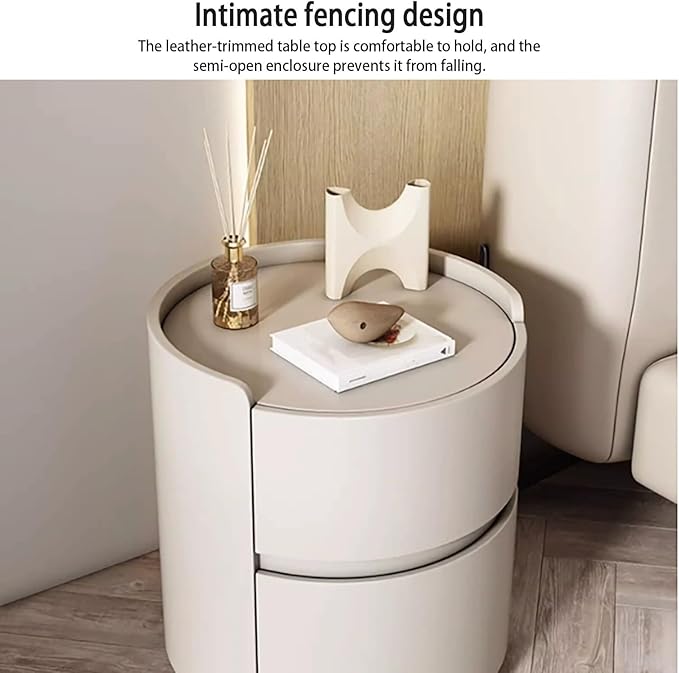 Round Nightstand, Modern End Table Minimalist Bedroom Side Table, Bedside Table with 2 Storage Drawers, Leather Night Stands for Living Room(Beige,15.8x15.8x19.7in)