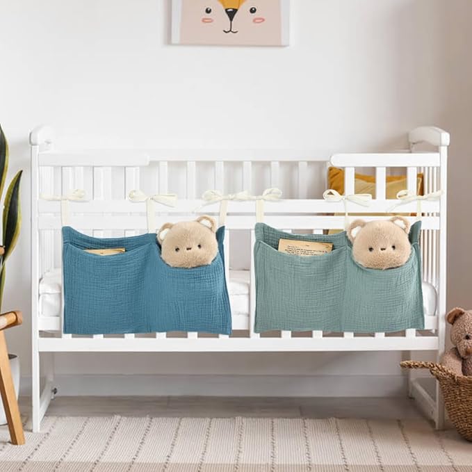 Cinaci 2pcs Cotton Pram Stroller Caddy Baby Crib Hanging Organizers Storage Pockets Nappy Diaper Bags Bedside Pockets for Milk Bottle/Soothing Toys/Wipes (Green Set)