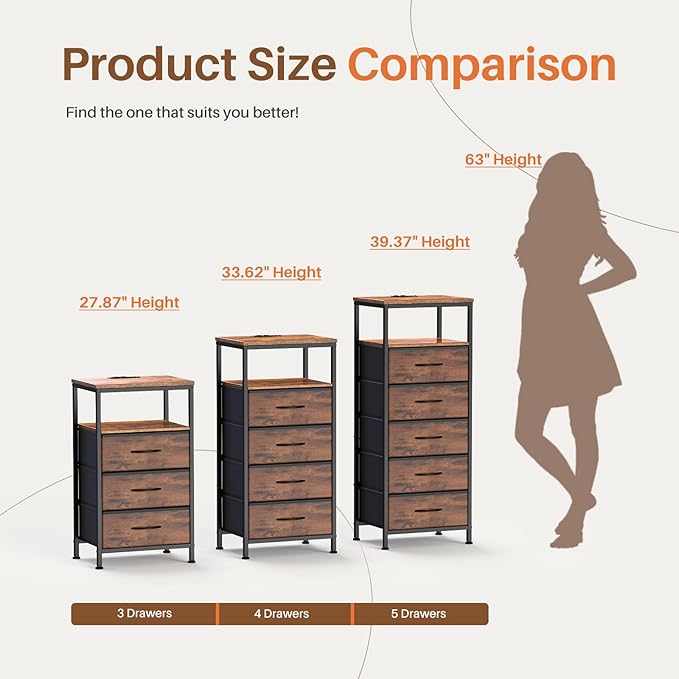 Sweetcrispy Nightstand with Charging Station, Bedside End Table with 3 Fabric Drawers & USB/Type-C Ports and Outlets, Night Stand for Bedroom Furniture, Adjustable Feet and Variable Light Strip, Rust