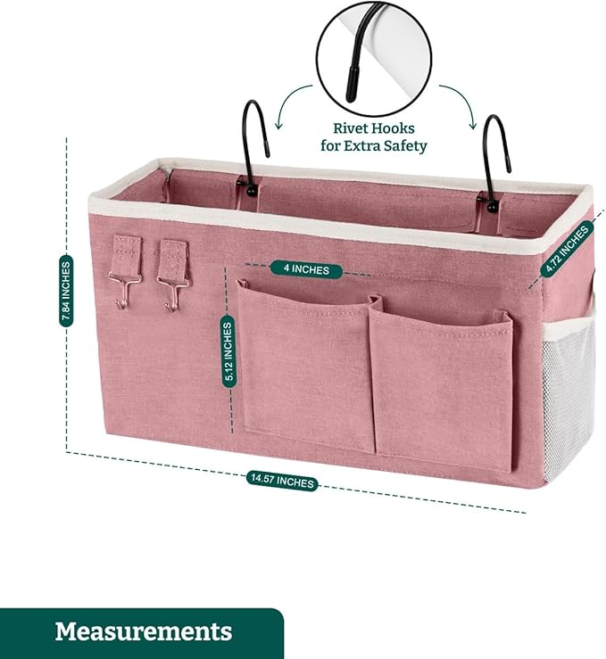Bedside Caddy Organizer Hanging Storage Bag with Pockets for Books, Magazines, Phone, Tablet & Water Bottle – Bedside Storage for Dorm, Bunk Beds, Hospital Beds & Cribs, Pink