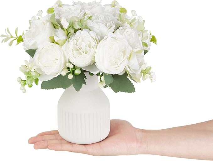 Mkono Fake Flowers in Vase 9 inches Artificial Flower Centerpieces Coffee Table Decorations Silk Flowers Arrangements for Home Desk Shelf Dining Room Kitchen Wedding Decor