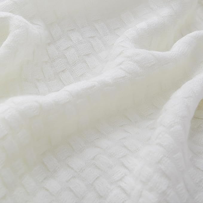 100% Acrylic Decorative Knitted Throw Blanket with Fringes for Bed, Couch, Chairs, Small, Lightweight, Soft, Cozy, Waffle Textured Blanket, Suitable for Spring, Summer, Ivory, 50"x60"