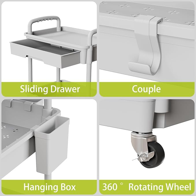 3 Tier Rolling Cart Organizer,Laundry Room Bathroom Organizers and Storage Office Shelves Mobile Shelving Unit Kitchen Trolley Cart with Wheels for Art,Craft,Diaper,Bedside,Snack(Grey)