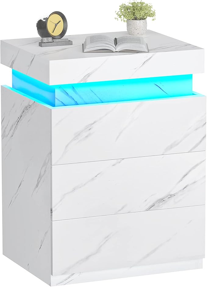 ADORNEVE Nightstand with Charging Station and LED Lights,Night Stand with Sliding Top for Bedroom,Bedside Table with Drawers,Modern End Side Table,White Marble