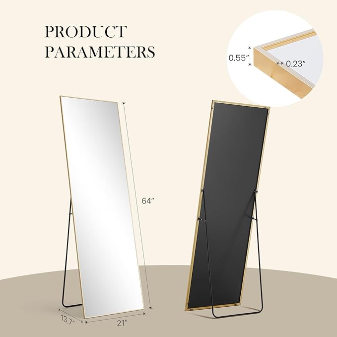NEWBULIG Full Length Mirror 21"x 56" for Bedroom, Full Body Mirror with Stand, Hanging or Leaning for Wall, Aluminum Alloy Thin Frame Floor Standing for Living Room, Long, Gold