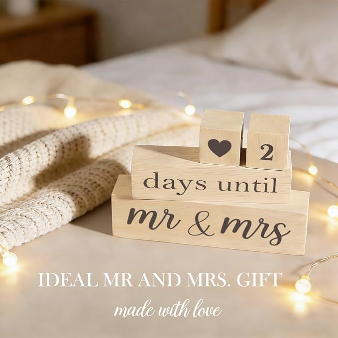 6 Pcs Wooden Engagement Gifts for Couples Wood Engagement Party Decorations Block Wedding Day Countdown Calendar Fiance Gifts for Women Future Mr Mrs Newly Engaged Couples, Khaki