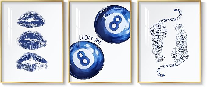 Framed Blue Aesthetic Wall Art for Room Decor, 3 Piece Pop Lip 8 Ball Cheetah Blue Artwork for Walls, Trendy Preppy Canvas Prints for Bedroom Living Room Hallway Apartment Wall Decor, 12x16 Inch