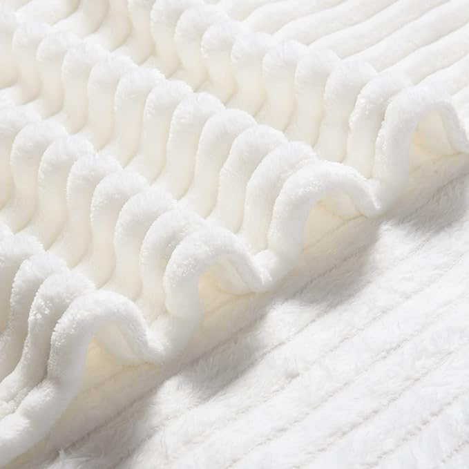 Bnuitland Fleece Throw Blanket for Couch, 300GSM Soft Warm Cozy Fluffy White Throw for Adults & Kids, Stripe Pattern 50"x60", All Season Sofa Bed Blanket for Home Decor