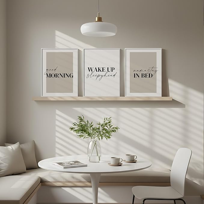 Framed Neutral 3 Piece Wall Art Master Bedroom, Minimalist Modern Painting Print Pictures Canvas Artwork for Walls, Typography Quote Good Morning Nursery Guest Room Wall Decor Above Bed, 12x16 Inch