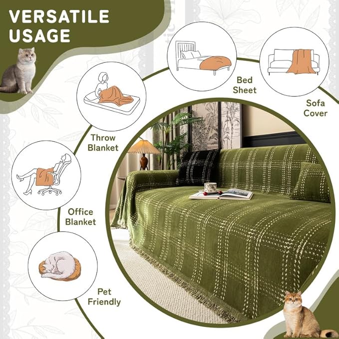 HANDONTIME Couch Covers for Dogs, Buffalo Check Sofa Cover White Plaid Geometric Pet Couch Cover for Dogs & Cats Chenille Sofa Covers Washable 3 Seat Sectional Covers Soft (Matcha Green, 71"x134")