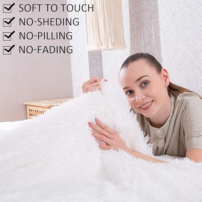 YUSOKI Long Faux Fur Twin Size Blanket,2 Layers,3.4lb for Bed Couch Home Décor Gifts Women (White,60" x 80")