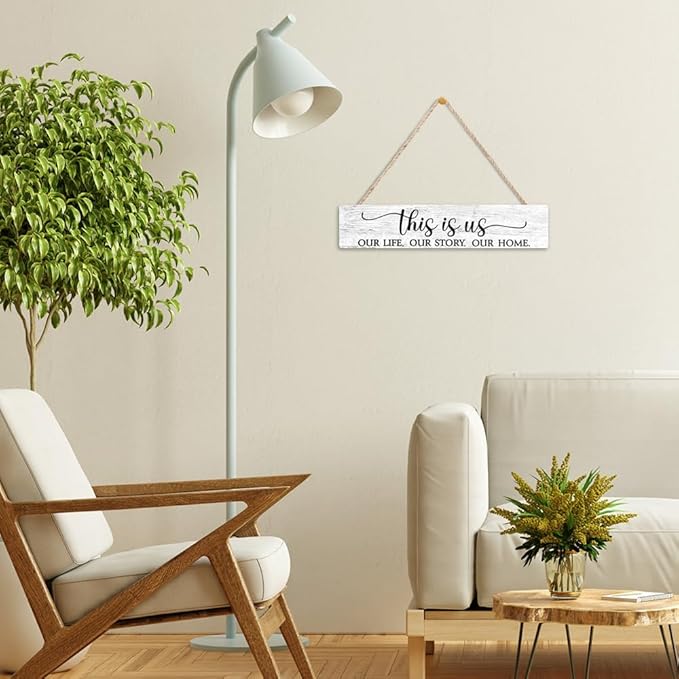 AGMDESIGN This is Us Our Life Our Story Our Home Wood Sign, Heartwarming Family Wall Decor for Shelf Desk Door, Wooden Hanging Sign for Country Farmhouse Bedroom Kitchen Entryway Hallway