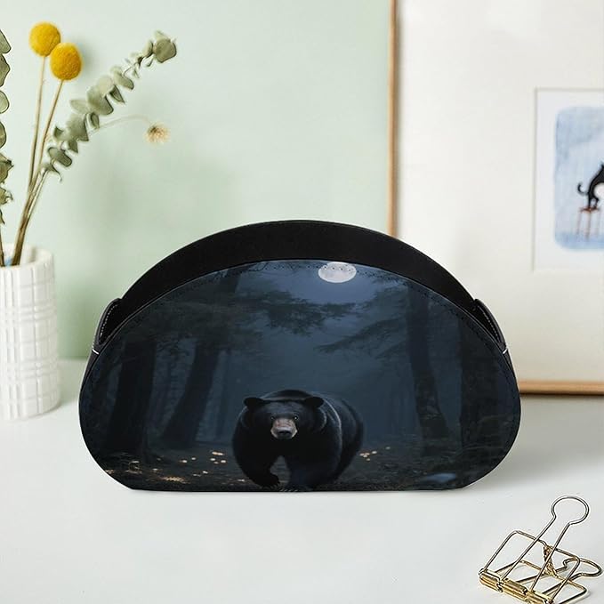 Black Bear Night Trees Remote Control Holder Organizer Box with 5 Compartment PU Leather Bedside Storage Caddy Remote Organizer for Controller Media Player Pen/Pencil Storage