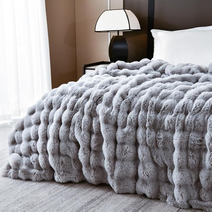 H&D Faux Fur Throw Blanket for Couch,Fluffy Cozy Soft Plush Luxury Thick Fuzzy Fleece Blanket for Couch Bed Sofa Bedroom Living Room,Comfy Bubble Blanket(Gray, Full (70"x80"))