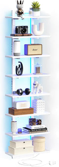 8 Tier Wall Shelf Unit with LED Light, White Floating Shelf, Vertical Display Shelf, Wall Decor for Bedroom, Living Room, Vanity, 15" W x 5.9" D x 58.3" H