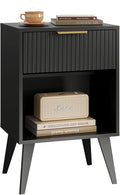 Fluted Night Stand with Opening Storage,Mid Century Bedside Table with Drawer,Black Nightstand with Wood Legs,End Table Side Table for Living Room,Bedroom,11.8" Dx15.7 Wx 25.2" H CTG56BK