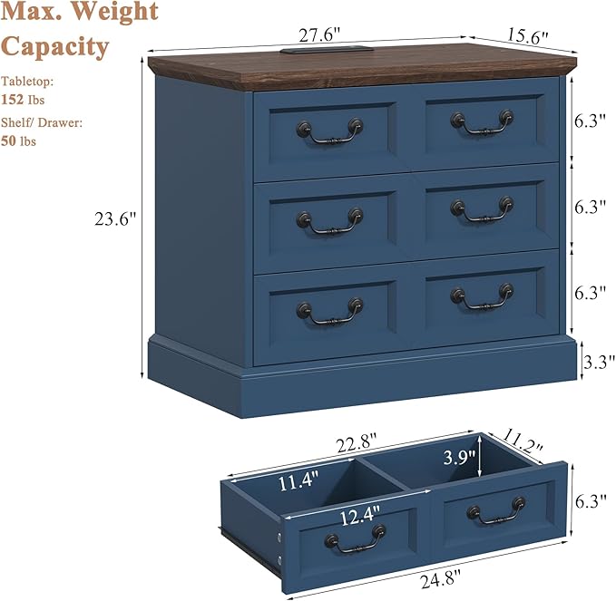 27.6" Wide Farmhouse Nightstand with Charging Station, 3 Drawer Nightstands Set of 2, Larger Side Table End Table, Modern Night Stand for Bedroom, Living Room, Blue Nightstand