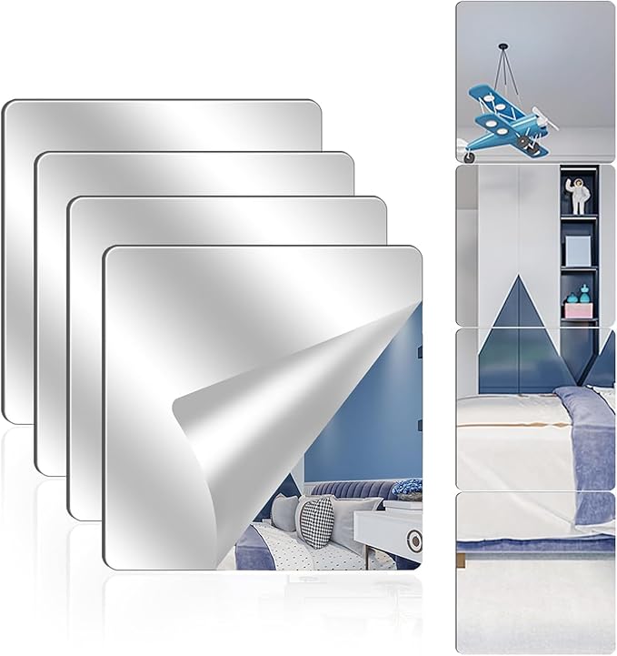 4 Pack Acrylic Mirrors for Wall,10 x 10 Inch Self Adhesive Frameless Small Mirror Tiles, Flexible Plastic Mirror Sheets for Bedroom Home Gym Door (10 * 10inch)