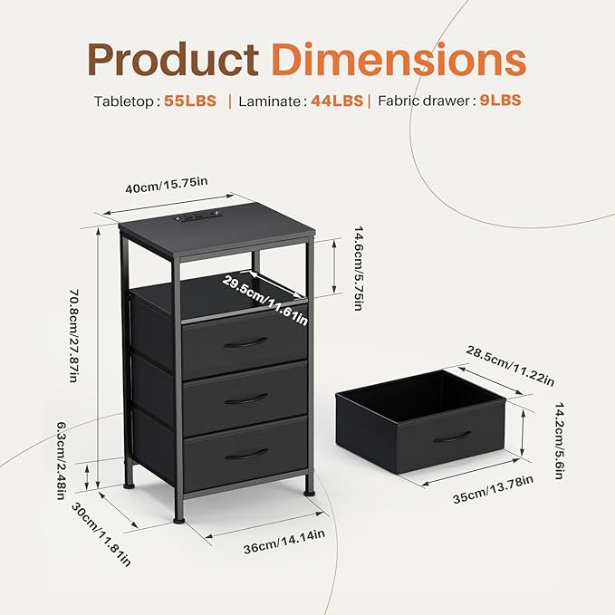 DUMOS Nightstand with Charging Station, Bedside End Table with 3 Fabric Drawers & USB/Type-C Ports and Outlets, Night Stand for Bedroom Furniture, Adjustable Feet and Variable Light Strip, Black