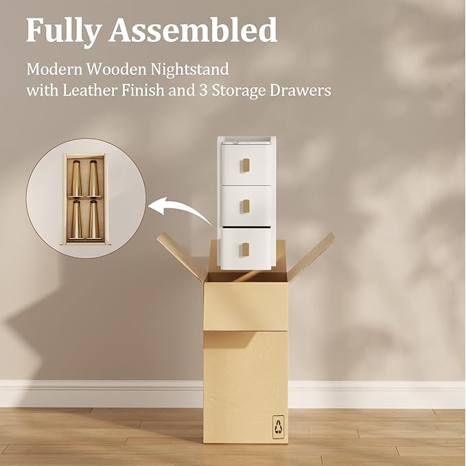 AQIMUELE Narrow Nightstand with Drawers, Narrow Side Table Leather, Small Bedside Tables for Bedroom. (White)