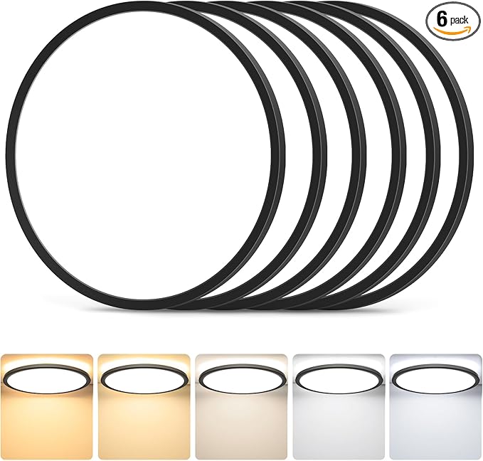 GoBright 6-Pack 3200LM LED Flush Mount Ceiling Lights, Super Slim 12 Inch Black Dimmable LED Ceiling Light, 5 Color in One Ceiling Lamp for Bedroom, Living Room, Dining Room, Garage and Office