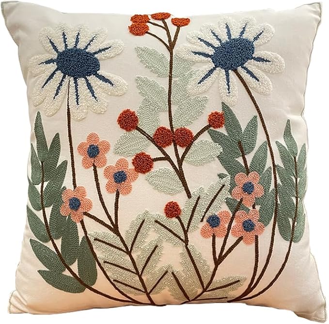 YIcabinet Pillow Covers Set of 2, Embroidered Leaves Pattern Throw Pillow Cover,Square Cotton Cushion,Pillow Case for Sofa Bedroom Couch,18"x18"