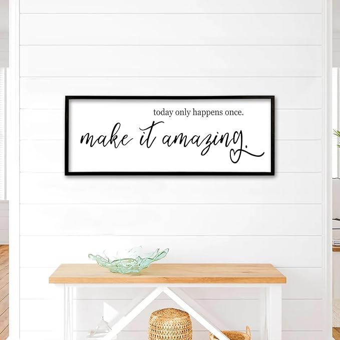 flowtorely Motivational Wall Decor Today Only Happens Once Make It Amazing Sign 40"X15" Inspirational Quote Positive Plaque Large Vintage Wood Frame for Office Encouragement Wall Hanging Art (Black)
