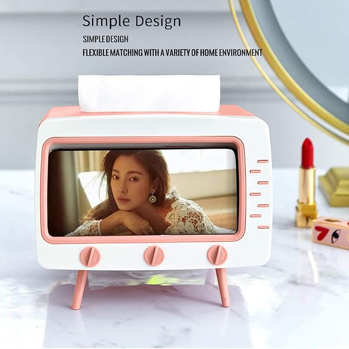 SGVAHY Tissue Box Holder Retro TV Tissue Box Cover Cute and Practical Cell Phone Holder Tampon Holder for Bathroom Kitchen Bedroom Dressers Desks and Tables Night Stands Creative Gift (TV Pink)