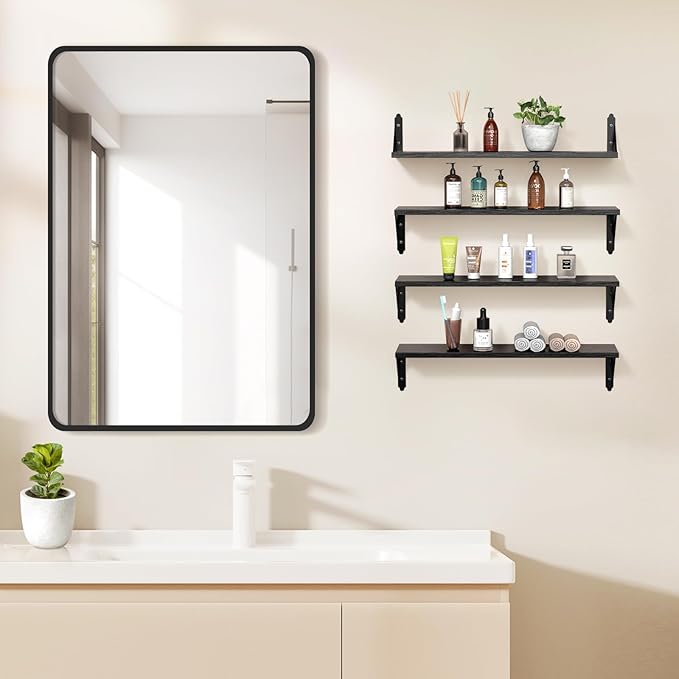 Wood Floating Shelves Set of 4, Rustic Storage Decor Wall Shelves, Wall Mounted Shelf for Living Room, Bedroom 23.6" x 6", Black