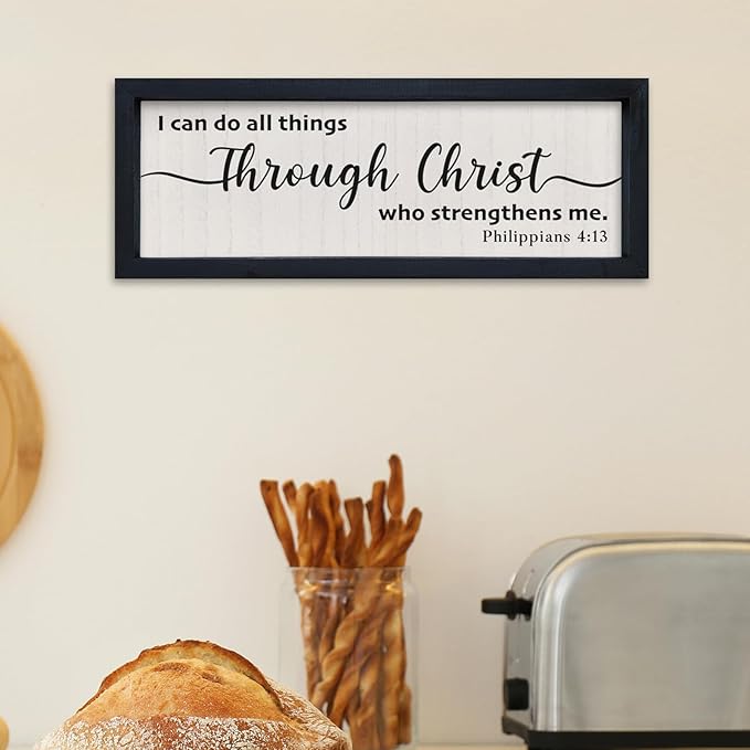 comurdyo I Can Do All Things Through Christ Sign Wall Art 16"×6" Philippians 4:13 Bible Verse Christian Wall Wooden Decor (Black)