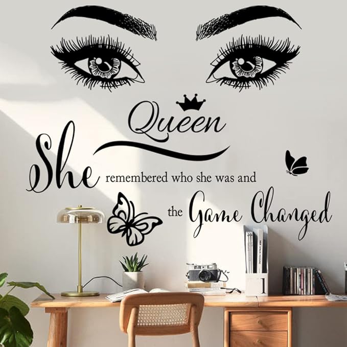 Inspirational Wall Sticker Pretty Eyelashes Eyes Wall Decals Motivational Word Letter Decal Wall Art Quote She Remembered Who She Was and The Game Changed Wall Stickers for Women Girls Bedroom Living