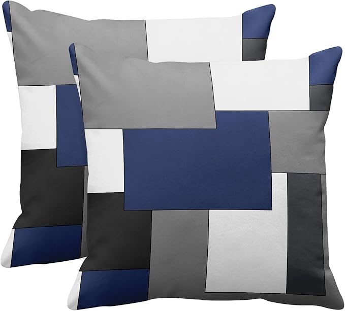 Emvency Set of 2 Dark Blue Geometric Throw Pillow Cover Black Grey White Painting Abstract Checkered Design Decorative Pillow Case Modern Home Decor Standard Square 16x16 Inch Cushion Pillowcase