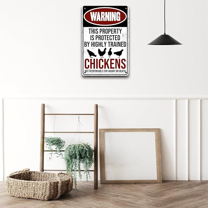 Funny Chicken Coop Sign - "Warning: Property Protected by Chickens" Decorative Metal Tin Sign for Farm Garden 8 x 12 Inch