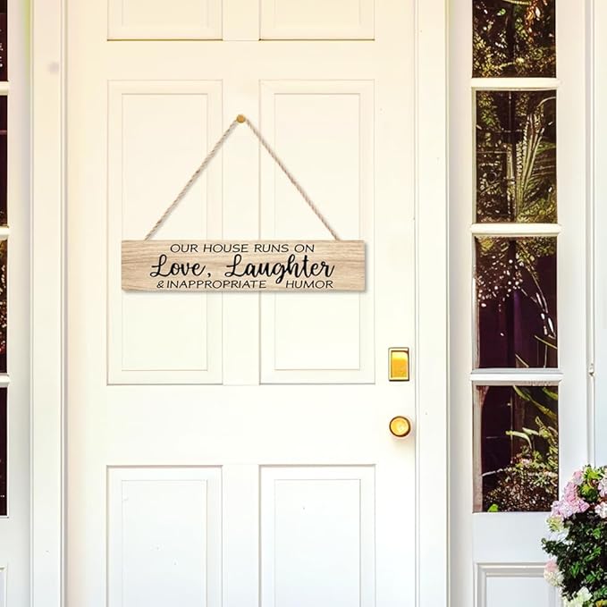 AGMDESIGN Our House Runs On Love Laughter And Inappropriate Humor Wood Sign, Home Wall Decor for Shelf Door, Heartwarming Farmhouse Kitchen Bedroom Hanging Wooden Plaque, New Home Gifts for Friends