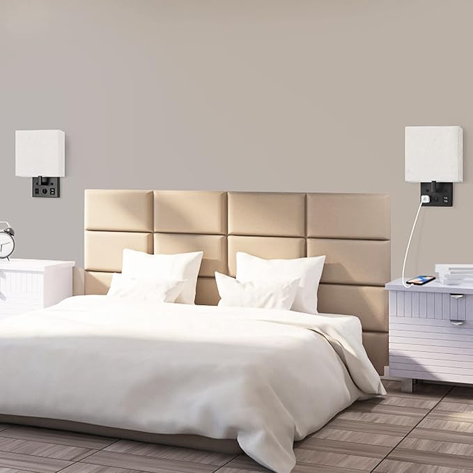 Black Wall Sconces Set of 2, Bedside Wall Lights for Bedroom, Plug in Wall Sconce with USB Ports and Outlets, Modern Wall Lamp for Mirror Kitchen Living Room Hallway, E26 Base (LED Bulbs Included)