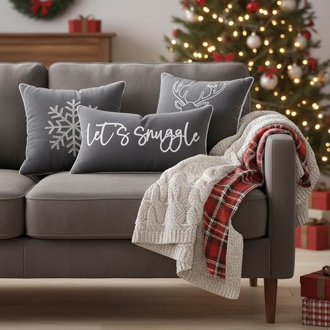 Sunkifover Let's Snuggle Decorative Lumbar Pillow Cover - 12x20 Inch Dark Grey Cotton Embroidery Throw Pillowcase for Bed, Bedroom, Living Room, Home Decor