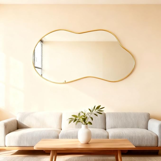Itrue 26×46 Inch Irregular Wall Mirror, Brushed Gold Metal Frame Asymmetrical Bathroom Vanity Mirror, Silver-Backed HD Tempered Glass Mirror for Over Sink, Living Room, Entryway