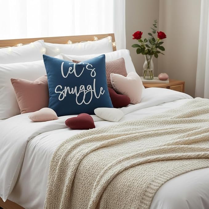 Sunkifover Let's Snuggle DecorativeThrow Pillow Cover - 18" x 18" Blue and White Cotton Embroidery Square Throw Pillowcase for Bed, Bedroom, Living Room, Home Decor