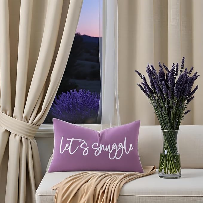 Sunkifover Let's Snuggle Decorative Lumbar Pillow Cover - 14x24 Inch Purple and White Cotton Embroidery Throw Pillowcase for Bed, Bedroom, Living Room, Home Decor
