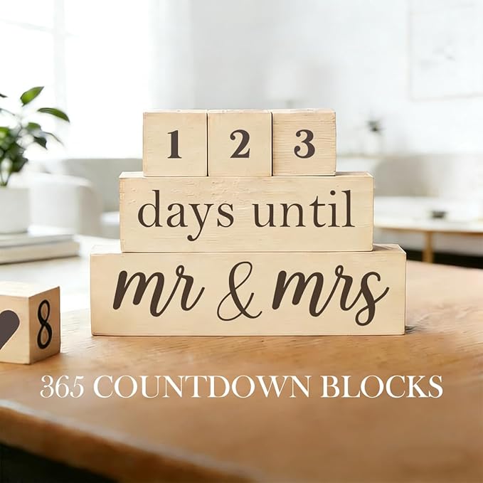 6 Pcs Wooden Engagement Gifts for Couples Wood Engagement Party Decorations Block Wedding Day Countdown Calendar Fiance Gifts for Women Future Mr Mrs Newly Engaged Couples, Khaki