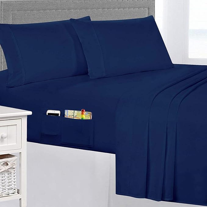 Swift Home Smart Sheets, Ultra Soft Brushed Microfiber 4-Piece Sheet Set, Fitted Bed Sheet with Side Storage Pockets – Navy, Queen