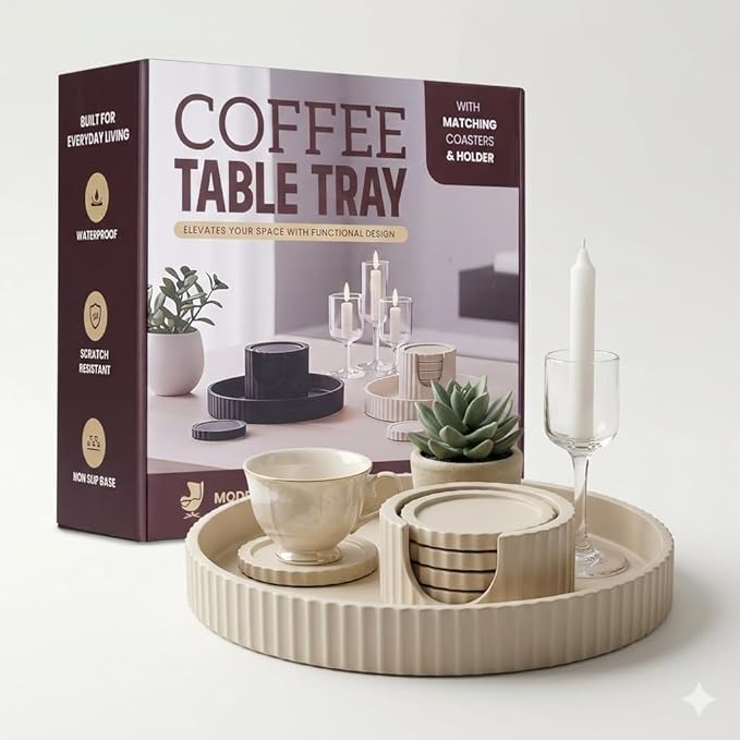 Decorative Coffee Table Ottoman Tray with Coasters | Modern Neutral Home Decor Accent | Console Table Decor | Kitchen Table Centrepiece | Luxury Apartment Decor | Decorative Centerpieces for Tables