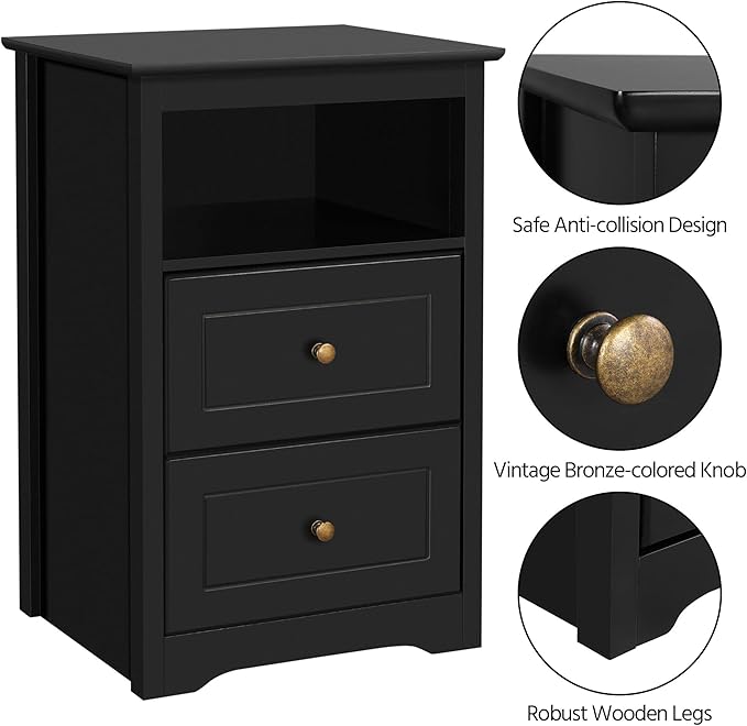 Yaheetech Tall Nightstand with 2 Drawer and 1 Cubby, 29" High Bedside Table Wooden Storage Cabinet Bed Side Table with Drawer for Bedroom Home Office, Black
