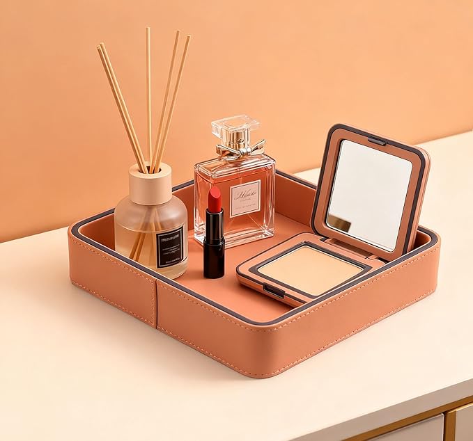 YIGUYI Faux Leather Vanity Tray, Elegant Desktop Storage Organizer，A perfume tray specifically designed for women，Nightstand or Dresser(orange)