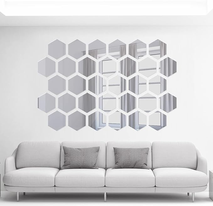 24 Pieces Hexagon Mirror Wall Sticker Removable Acrylic Mirror Setting Wall Sticker Decal Honey Comb Decal for Living Room Bedroom Home Decor(15 x 13.3 x 7.5 cm)