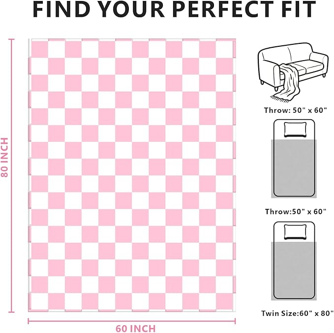 Pink Checkered Blanket, Soft Cozy Fleece Checkered Throw Blankets for Bed Sofa Couch Camping, Ultra Fluffy Throws for All Seasons, 60x80 Inch, Pink
