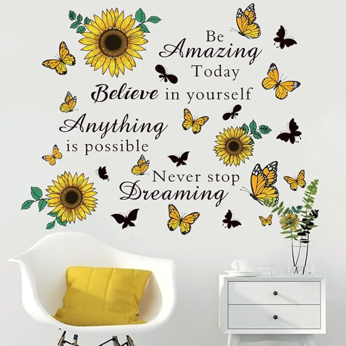 Inspirational Quote Sunflower Wall Stickers - Removable Positive Saying Peel and Stick for Classroom, Home, Bedroom, Office Wall Art Decor